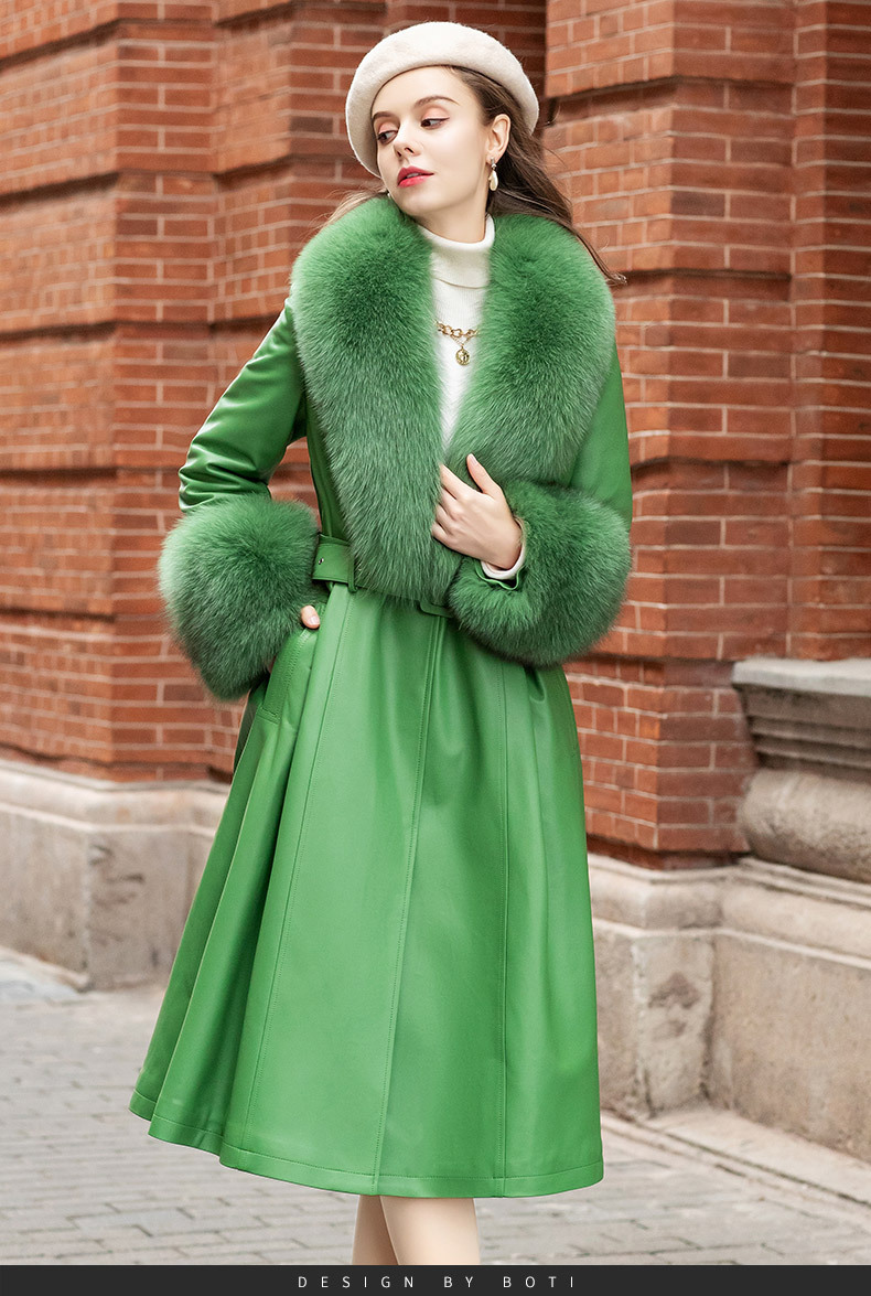 New Trend long style women's long leather coat fox fur collar leather coat leathers coats for ladies