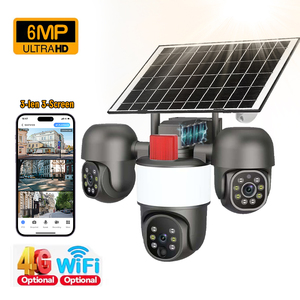 Caméra PTZ à 3 objectifs, mode double 4G et Wi-Fi, alimentée par énergie solaire, détection humaine, projecteur, sirène pour la sécurité des fermes/garages - Product Image 1