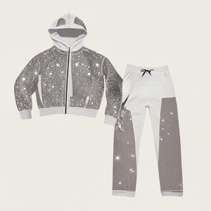 ชุดเซ็ตเสื้อฮู้ดดี้ผ้าฝ้ายคุณภาพสูงประดับเพชรเทียม กางเกงขายาวผู้ชาย ไซส์พลัส สไตล์ย้อมสีแบบแอซิดวอช ชุดเซ็ตเสื้อสเวตเชิ้ตและกางเกงขายาวผู้ชาย ชุดวอร์มผู้ชาย - Product Image 1