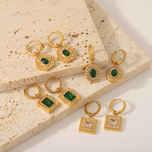 <b>Emerald</b> Zircon Stainless Steel Pendant Earrings Geometric Design Bezel Setting Everyday Wear 18K Gold Plated <b>Stud</b> Earrings - Product Image 1