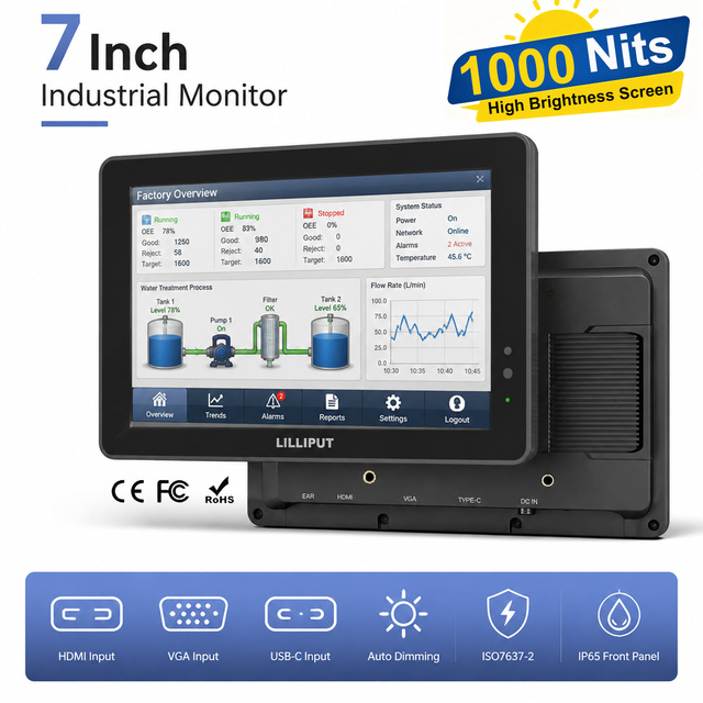 Lilliput 7 Inch 1000nits Sunlight Readable Industrial Monitor IP65 Rugged Display for Forklift Vehicle Fleet Management