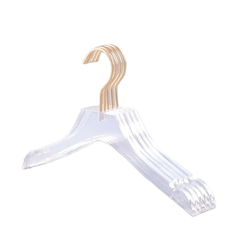 Прозрачная акриловая вешалка для одежды с логотипом клиента для высококачественного магазина одежды с золотыми крючками
