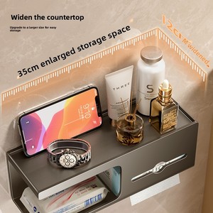 Metal Double Tier <b>Wall</b>-<b>Mounted</b> Punch-Free Toilet Paper Holder with <b>Shelf</b> for Bathroom - Product Image 3