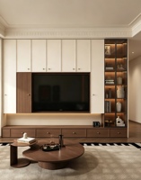 Meuble TV moderne sur mesure, console TV en bois blanc et noyer avec rangement intégré et éclairage LED