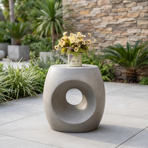Modern Hollow Round Fiber Concrete Side <b>Table</b> Lightweight Indoor Outdoor Decorative Accent <b>Table</b> for Living Room Patio Garden - Product Image 1