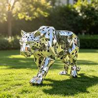 Sculpture de léopard géante RELONG en acier inoxydable argenté, design géométrique creux, statue en métal représentant une faune sauvage pour parc extérieur et jardin