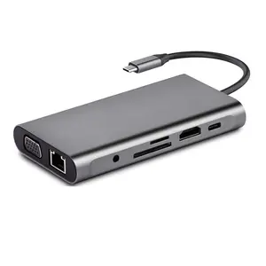 USB Type C Hub To HD 4K VGA Adapter RJ45 Lan Ethernet SD TF USB 3.0 3.5mm Jack Audio Video PD Charge Dock for MacBook Pro OTG