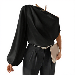 Blusa Elegante de Satén para Mujer, de un Solo Hombro, con Manga Abullonada, Corte Holgado, Color Negro Sólido, para Oficina, Todas las Temporadas - Product Image 4