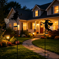 Luces LED de Halloween con energía solar, estaca con silueta de bruja voladora y decoración de araña con escoba luminosa