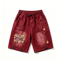 Shorts Bermuda à Jambes Larges Kornit DTG, Motif Flamme Bicolore, Lettres Vintage Audacieuses, Bords Effilochés, Trous, Taille à Cordon de Serrage