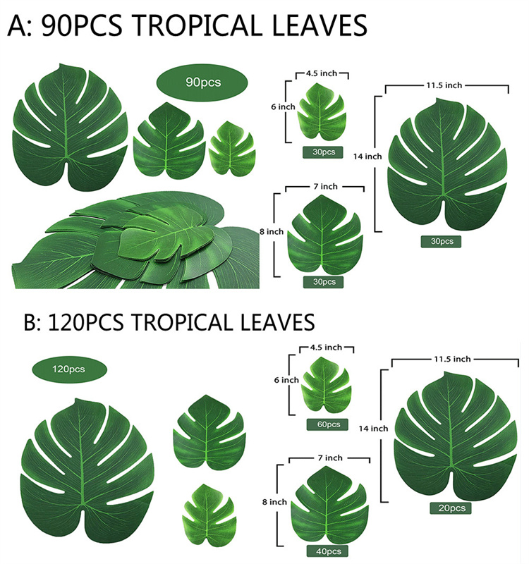 Hot Selling 3 sizes Tropical Artificial  Palm leaves for  Hawaii  Birthday Party Wedding Table Decoration