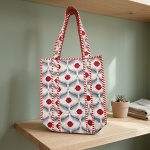 Sac fourre-tout en coton matelassé pour femme, motif à pois, fermeture éclair, motif fleur de rubis - Sac à main chic et durable pour tous les jours, option de logo personnalisé - Product Image 2