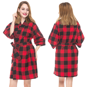 Kimono da <span class=keywords><strong>Donna</strong></span> in <span class=keywords><strong>Morbido</strong></span> Cotone Traspirante, Vestaglia a Quadri in Flanella Tinta in Filo, Lunghezza al Ginocchio, Vestito da Mattino, <span class=keywords><strong>Accappatoio</strong></span> da Festa, 4 Colori - Product Image 2