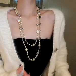 Роскошное дизайнерское жемчужное ожерелье с цветком камелии, двухслойная цепочка для свитера, женские модные аксессуары, ювелирные украшения