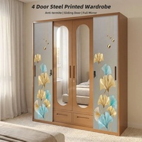 Armoire moderne à 4 portes coulissantes en acier imprimé avec miroir arqué, armoire métallique pour chambre à coucher, anti-termites, 2 tiroirs, Asie du Sud-Est