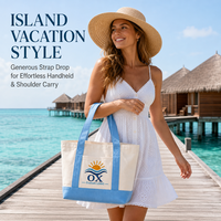 Sac fourre-tout en toile personnalisé brodé motif vague solaire, bleu ciel, avec poche avant, idéal pour la plage, les vacances et les voyages