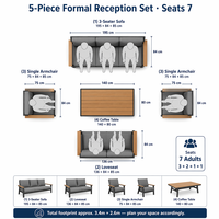Ensemble de canapés de réception en aluminium 5 pièces, comprenant un canapé 3 places + un canapé 2 places + 2 fauteuils, couleur teck, table basse en poly-bois