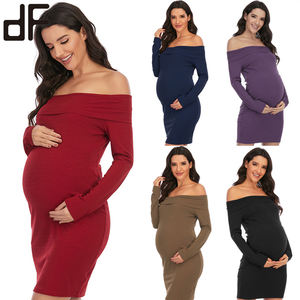Однотонное эластичное мини-платье для беременных, оптовая продажа, одежда для грудного вскармливания, вечерняя одежда для фотосессии, трикотажное платье через плечо - Product Image 1