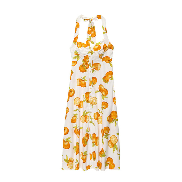 PB&ZA Women 2026 Summer New Chic Fashion Print MIDI Dress Halter Vintage Casual Sleeveless Female Dresses Robe Mujer