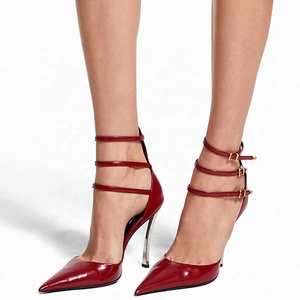 Summer Pointed Toe Patent Leather Stiletto <b>Shoes</b> 3 Straps Narrow Band Ankle Strap Thin High Heels Metal Heel Party Sandals - Product Image 1