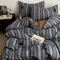 Parure de lit vintage rayée brodée en microfibre froissée texturée, drap-housse doux en seersucker, ensemble de literie en gaze froissée