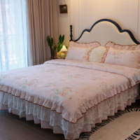 Parure de lit 100% coton imprimée réactive, jupe de lit double couche à volants en dentelle et gaze, style pastoral princesse