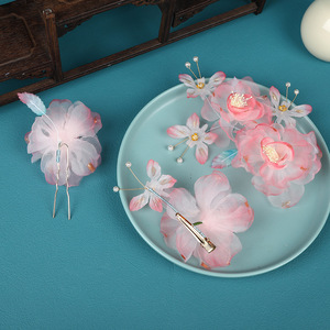 24 nouveaux accessoires de coiffure Hanfu faits à la main, design original, avec des pinces à cheveux en soie simulée rose et des fleurs en feuille d'or - Product Image 4