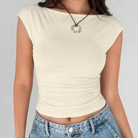 T-shirt court décontracté sexy Y2K à col bateau et manches courtes froncé, avec logo personnalisé OEM, pour femme, vente en gros
