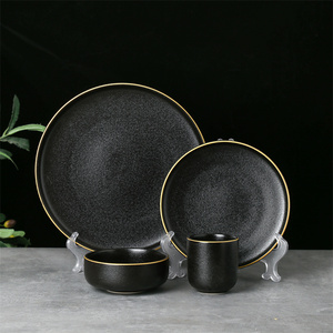 Vajilla de cocina de lujo, juego de platos de cena de alta calidad, negro mate, con borde dorado, 16 Uds. - Product Image 1