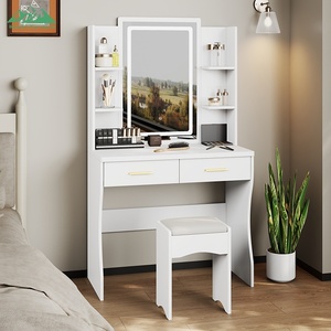 Tocador Moderno de <span class=keywords><strong>Madera</strong></span> Blanca Wayon con Espejo Iluminado por LED, Estantes Abiertos y Múltiples Cajones, Incluye <span class=keywords><strong>Taburete</strong></span> - Product Image 2