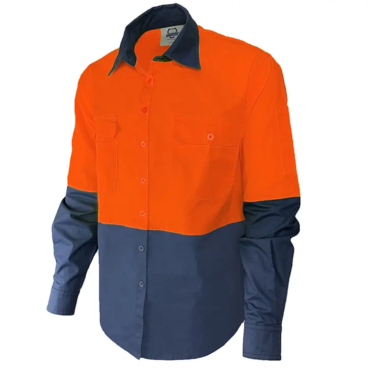 OEM Custom logo Mens customized long Sleeve two tone orange navy Work Shirt for man