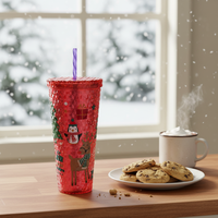 Mug à café froid DIY tendance de 24 oz, double paroi en plastique, imprimé UV, irisé mat, gobelet en acrylique clouté avec couvercle et paille