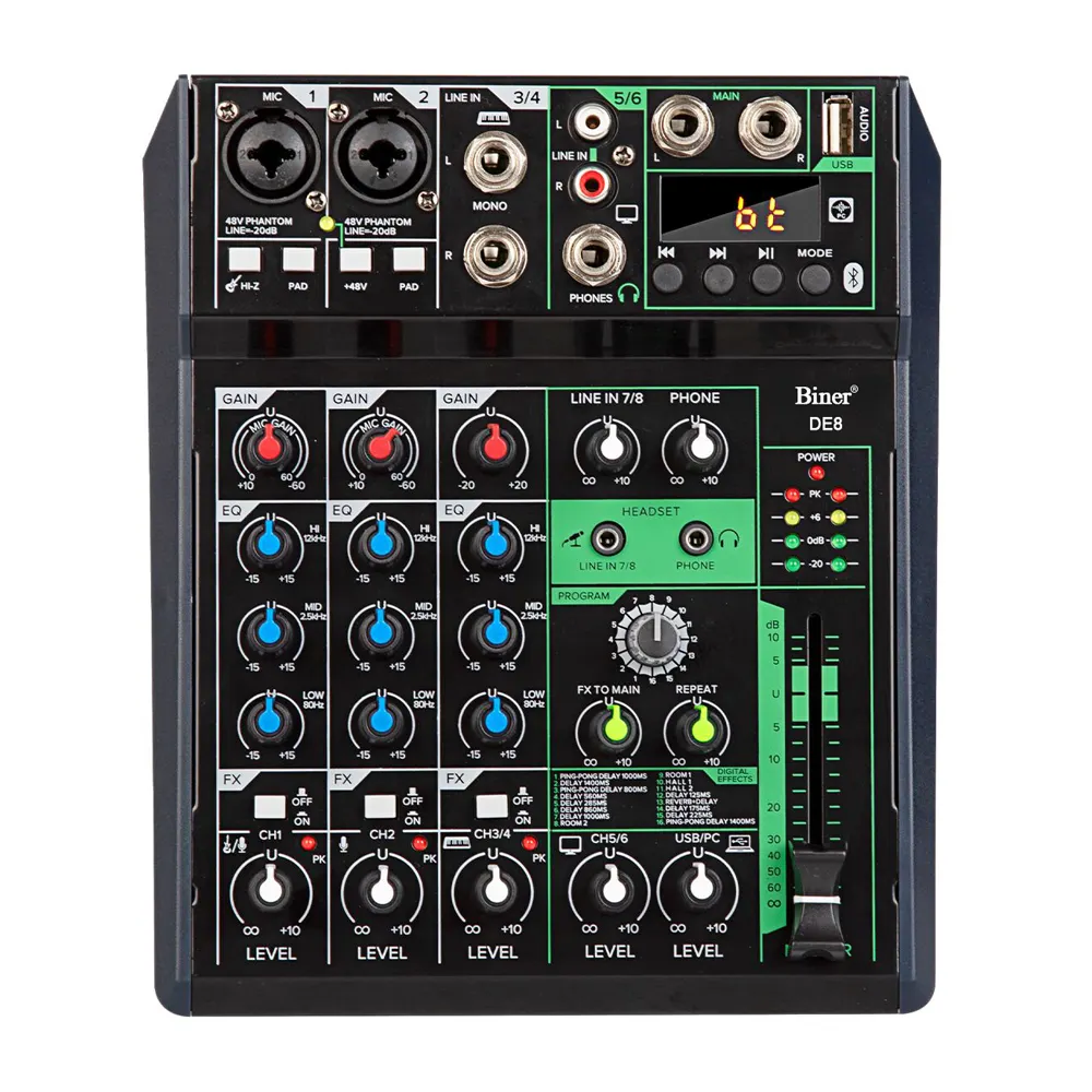 OEM DE8 Wireless Connection Professional 6 Channel USB Audio Mixer For Computer Mobile Phone Recording Live