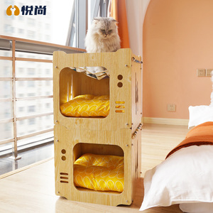 Elegante árbol de madera de doble capa para gatos, marco de escalada de rodamiento grueso con cama, características de juego para dormir, rascador de casa para gatos - Product Image 2