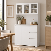 Buffet blanc avec vitrine, 3 tiroirs, comptoir ouvert, en mélaminé, pour cuisine et rangement, vente en gros