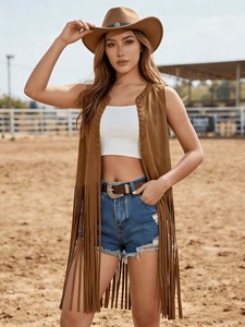 Nuevo Estilo Chaleco Vaquero Occidental de Color Sólido con Borlas sin Cuello de Poliéster para <span class=keywords><strong>Mujer</strong></span>, Tallas Grandes - Product Image 3