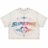 Kaos Katun Tebal Model Boxy Crop OEM, Cuci Asam, Sablon Digital Warna-warni Custom, Grafis Berhias Rhinestone, Grosir