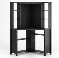 Bureau d'angle pentagonal avec ports USB, éclairage LED réglable et 9 niveaux de rangement ouverts avec dossier perforé