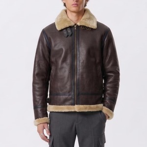 Brown <b>Sheepskin</b> Tanned Genuine Leather <b>Men's</b> Aviator Bomber <b>Jacket</b> Waterproof Zipper Closure Streetwear Sherpa Lined Winter - Product Image 3