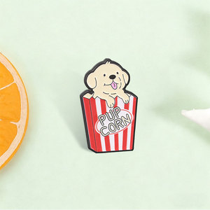 Pin esmaltado de perro Pupcorn lindo, broche de dibujos animados de cachorro con caja de palomitas para decoración de mochila - Product Image 1