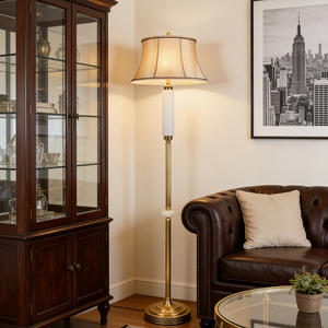 Lampe sur pied de style européen rétro de luxe Custom Marglice Home, en laiton traditionnel avec abat-jour en tissu transparent. - Product Image 1
