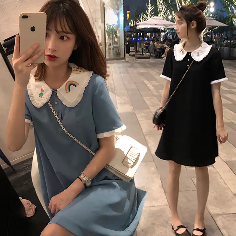 New embroidered doll collar chiffon blue loose small fresh student polo dress