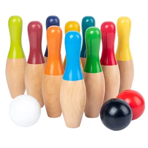 Set mainan bola bowling kayu penjualan anak-anak desain baru pin permainan bowling