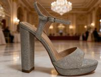 Dernières chaussures de mariée à bride cheville argentées à paillettes pour femmes, bout ouvert, talons épais, plateformes, sandales à talons hauts pour mariage