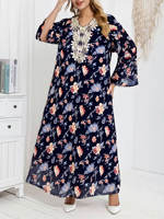 Robe longue élégante imprimée à col en V, style musulman, pour l'été, grande taille, tendance