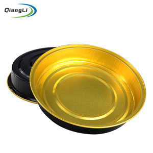 Barquette ronde en aluminium de haute qualité de 480 ml, 6 pouces, noire et dorée, pour pizza à <span class=keywords><strong>emporter</strong></span>, contenant d'emballage alimentaire en aluminium avec couvercle en PP - Product Image 1
