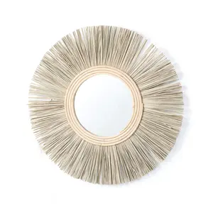 Raffia Stro Vlecht Geweven Make-Up Dressing Ronde Spiegel Woonkamer Opknoping Decoratie