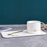 Ensemble de tasse et d'assiette en porcelaine avec cuillère en or, tasse de couple noir et blanc pour café/thé