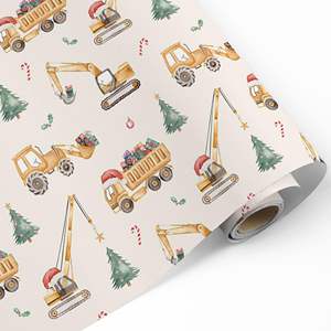 Rouleau de papier d'emballage de Noël de construction pour enfants avec camions à benne basculante grues excavatrices avec chapeaux de père noël et cadeaux arbre de noël - Product Image 1