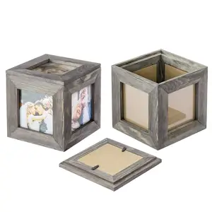 Hot sale Custom Photo Cube Vintage Gray Wood Decorative Desk Picture Frame Keepsake Box Christmas gifts